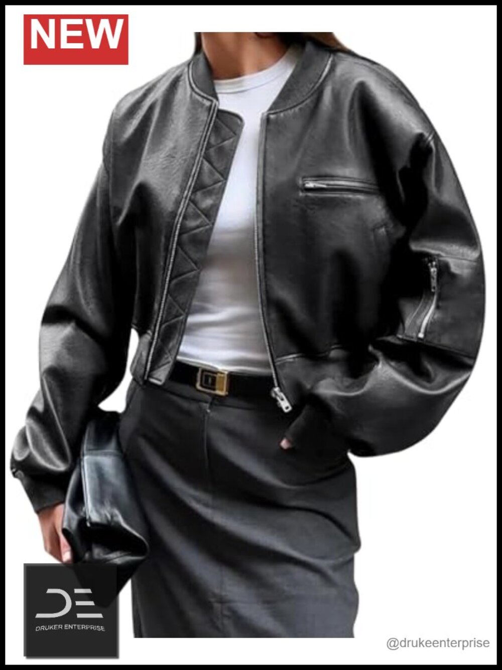 Faux Leather Bomber Jacket Cropped Biker Coat with Pockets